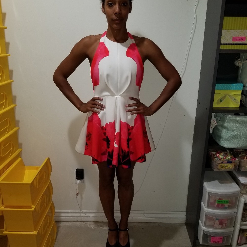 White and red floral halter mini dress